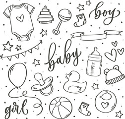Baby hand drawn set. New baby items and icons. Cute doodle illustrations  baby clothes, bib, bottle, cloud,  diaper,