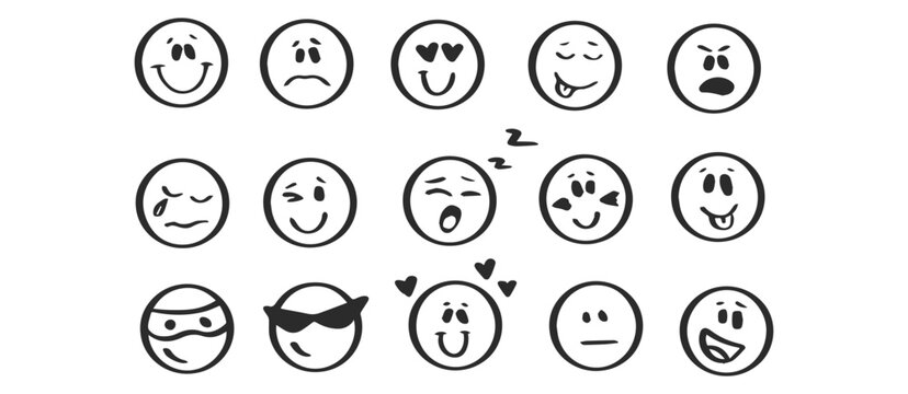 Doodle Emoji face icon set. Hand drawn sketch . Emoji with different emotion mood, happy, sad, smile face