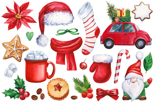 Merry Christmas, set of festive elements on a white background, watercolor illustration