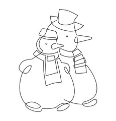 Snowman in a hat. Christmas decoration. Family entertainment for children building a snowman. Continuous line drawing illustration