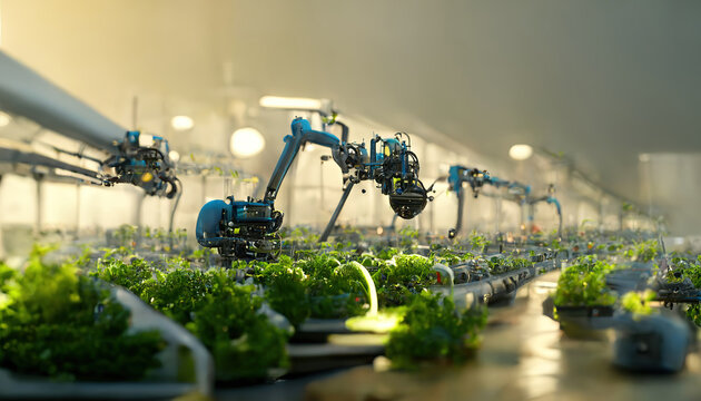 smart robot farmers working on plantation, picking plants with robotic arms, artificial irrigation, future agriculture