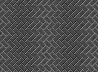 Black seamless brick wall. Herring bone tiles. Kitchen background. Ceramic pattern. Apron faience texture. Subway backdrop. Vintage metro brickwall. Cement stone backsplash. Vector illustration