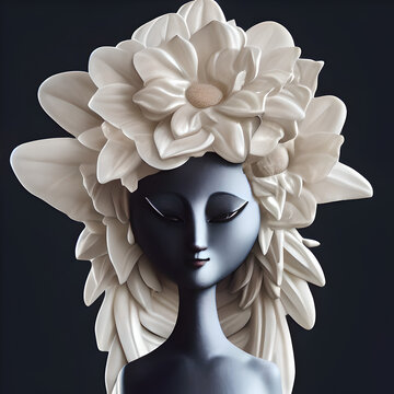 A 3d rendering of an onyx and marble netsuke statuette of a dark-skinned woman with flowers and gems on her head. Statue/sculpture
