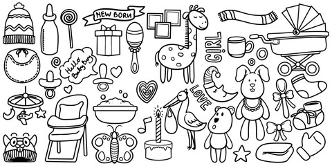 Hand drawn set of new born baby shower toys isolated on white background.