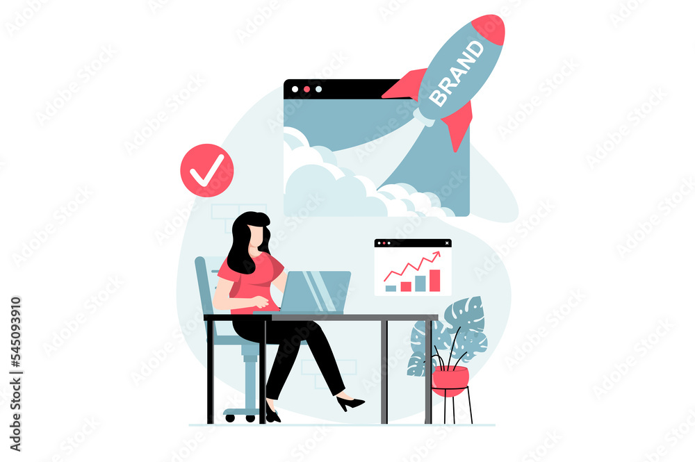 Poster Branding team concept with people scene in flat design. Woman analyzing data, creating strategy and brand identity, developing company personality. Illustration with character situation for web