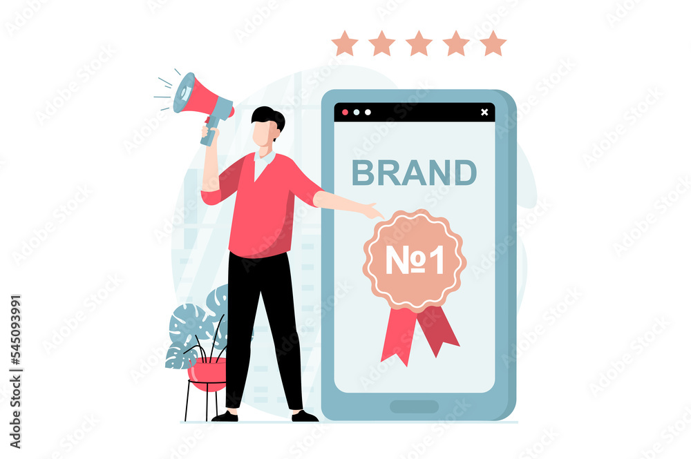 Poster branding team concept with people scene in flat design. man with megaphone promoting new brand and m