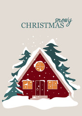 Snowy christmas postcard. Greeting flyer template with forest red house on winter cold day.