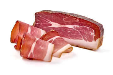 Spanish jamon iberico, serrano ham, isolated on white background. High resolution image.