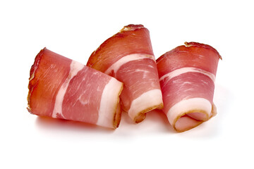 Spanish jamon iberico, serrano ham, isolated on white background. High resolution image.