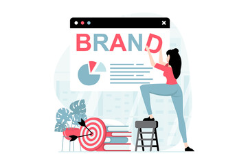 Branding team concept with people scene in flat design. Woman planning business strategy, targeting and online promotion for startup or new brand. Illustration with character situation for web
