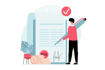 Business making concept with people scene in flat design. Businessman making deal and signing contract for partnership and investment in company. Illustration with character situation for web