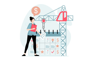 Business making concept with people scene in flat design. Woman planning strategy and work tasks, manages time and workflow, develops company. Illustration with character situation for web