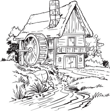 Old water mill sketch, vector