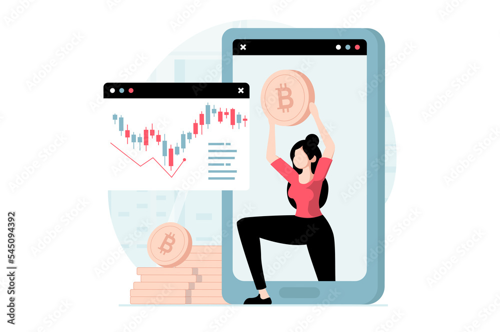 Aufkleber cryptocurrency marketplace concept with people scene in flat design. woman analyzing data on exchang