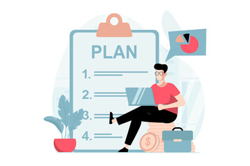 Business making concept with people scene in flat design. Businessman analyzes data and makes checklist with development plan and strategic tasks. Illustration with character situation for web