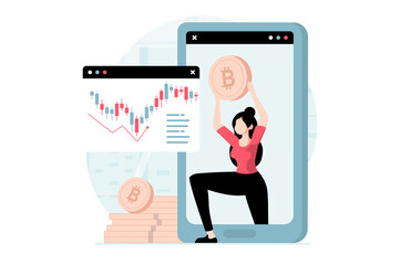 Cryptocurrency marketplace concept with people scene in flat design. Woman analyzing data on exchange, buys or sells bitcoins using mobile app. Illustration with character situation for web