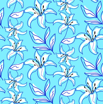 Abstract Hand Drawing Exotic Tropical Lily Hibiscus Flowers and Leaves Seamless Vector Pattern Isolated Background