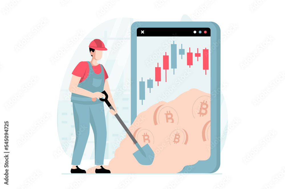Fototapete Cryptocurrency mining concept with people scene in flat design. Man miner with shovel mines bitcoin coins and studies market data in application. Illustration with character situation for web