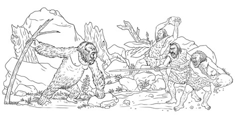 Prehistoric people fight with gigantic ape. Neanderthals vs primate gigantopithecus. Coloring template.