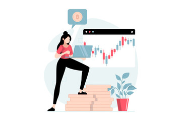 Cryptocurrency mining concept with people scene in flat design. Woman sells bitcoins on virtual exchange and analyzing crypto market trends. Illustration with character situation for web