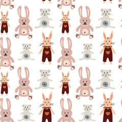 Seamless rabbit mouse pattern. Baby Shower Scandinavian pastel wallpaper. Textile fabric design for kids. Flat bohemian vector neutral background paper
