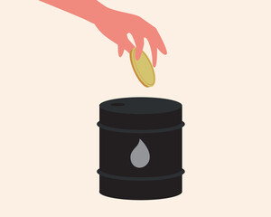 Concept of oil import or export, flat vector stock illustration with hand and coin isolated