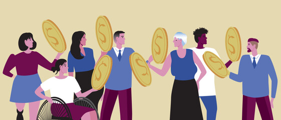 Fototapeta na wymiar Inclusive people with dollar money or finance, flat vector stock illustration