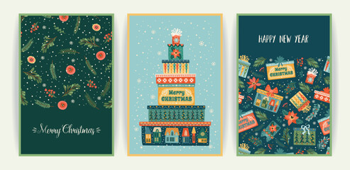 Fototapeta premium Set of Christmas and Happy New Year cards. Cute bright illustrations witn New Year symbols.. Vector designs.