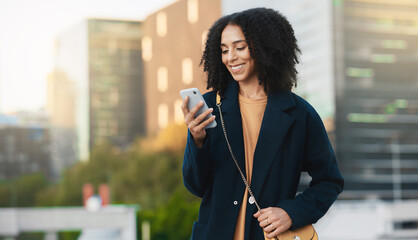 Black woman, phone text and city travel of a person on a mobile on 5g internet and web with a...