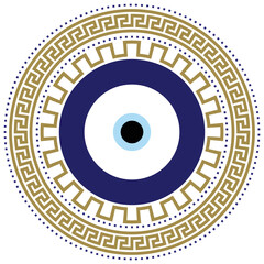 Greek meander Turkish evil eye. Mandala greek evil eye. Symbol of protection in Turkey, Greese, Cyprus. Blue Turkish Fatima's Eye. Amulet from evil eye. Nazar. Magic item, attribute