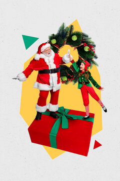 Vertical collage picture of excited santa give high five little elf girl stand big giftbox pine wreath decoration isolated on creative background