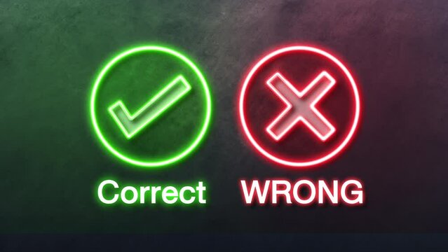 correct wrong Icon in convesation Neon animation. Light Glowing blue Bright Symbol with Dark Background