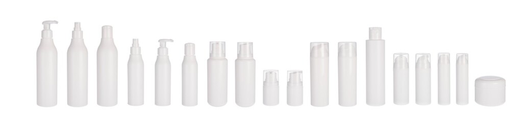 Cosmetic bottles isolated. Set blank cosmetic on transparent background. Design packaging. Skin products, gel, lotion, foam, cream, face care container.