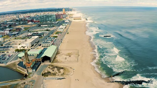 Drone shot of the Jersey shore in Asbury park.