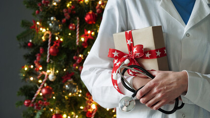 Concept for christmas and new year medical banner.Female doctor in white coat,stethoscope holds...