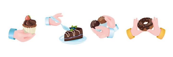 Sweets dessert graphic concept hands set. Human hands holding strawberry muffin, chocolate cake with berry, candy, donut. Confectionery, pastry menu. Illustration with 3d realistic objects