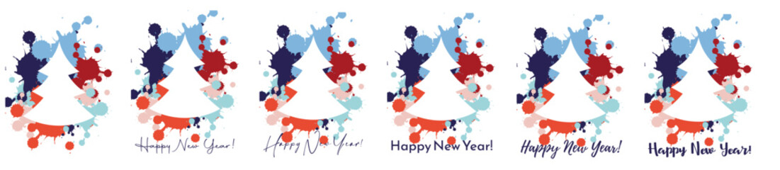 Obraz premium Collection of New Year's posters in the form of colored creative blots with a Christmas tree and the text of a happy new year on a white background