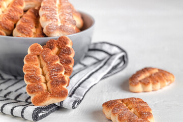 Festive tree shaped shortbread cookies. Christmas cookies. Close up