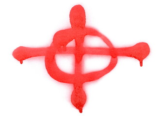 Symbol cross and circle, ringed, Christian cross red spray stain isolated on white