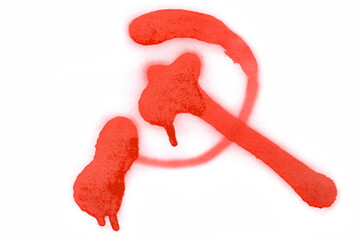 Red spray stain in shape sickle and hammer, symbol isolated on white