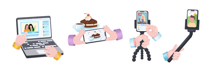 Blogging graphic concept hands set. Human hands holding laptop with video, mobile phone for taking photos or recording content for blog or channel. Illustration with 3d realistic objects