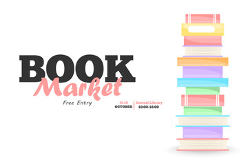 Vector cartoon image of a banner with an announcement about the book market. The concept of education and study