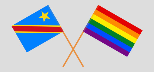Crossed flags of Democratic Republic of the Congo and LGBTQ. Official colors. Correct proportion