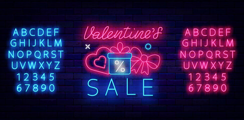 Valentines Day Sale neon signboard. Marketing label on brick wall. Light pink and blue font. Vector stock illustration