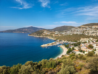 Fototapeta na wymiar Panoramic view of Kalkan: old town, marina, beach. Antalya Region, Turkey