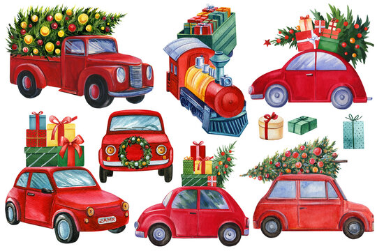 Watercolor Christmas set clipart with Christmas tree, train, gifts, car and Christmas truck