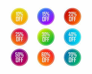 Labels set with percentage sale discount, set of gradient tag offering save money with 10, 20, 30, 40, 50, 60, 70 percent price. vector illustration.
