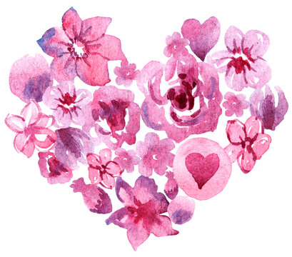 Pink floral heart. Watercolor hand painted valentines illustration