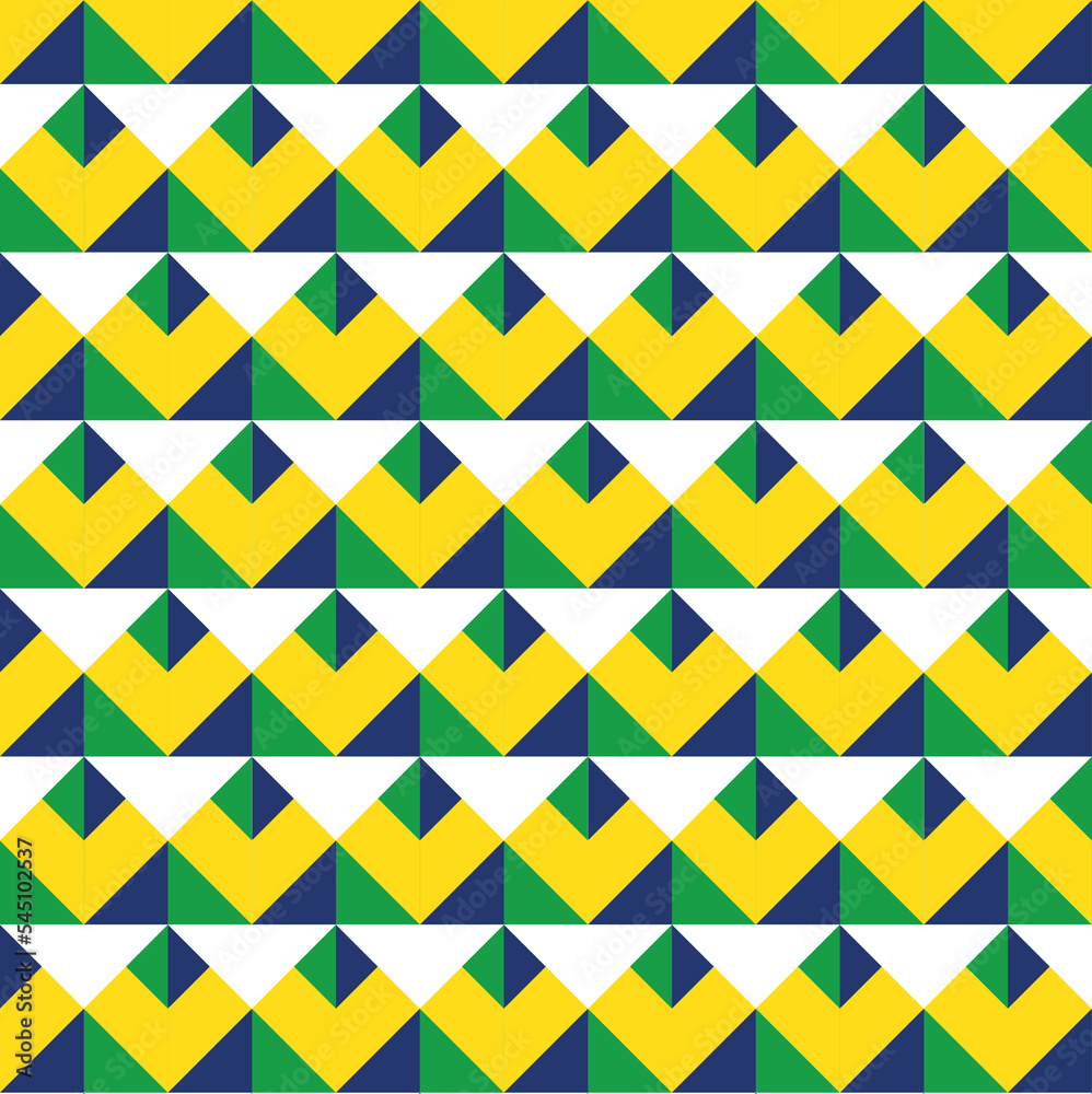 Poster Seamless geometric pattern with triangles. Background pattern in blue, green, yellow color for Brazil Independence Day. Vector illustration.