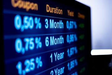 Screen with rising interest rates. Close up computer monitor with rising yields and rates....
